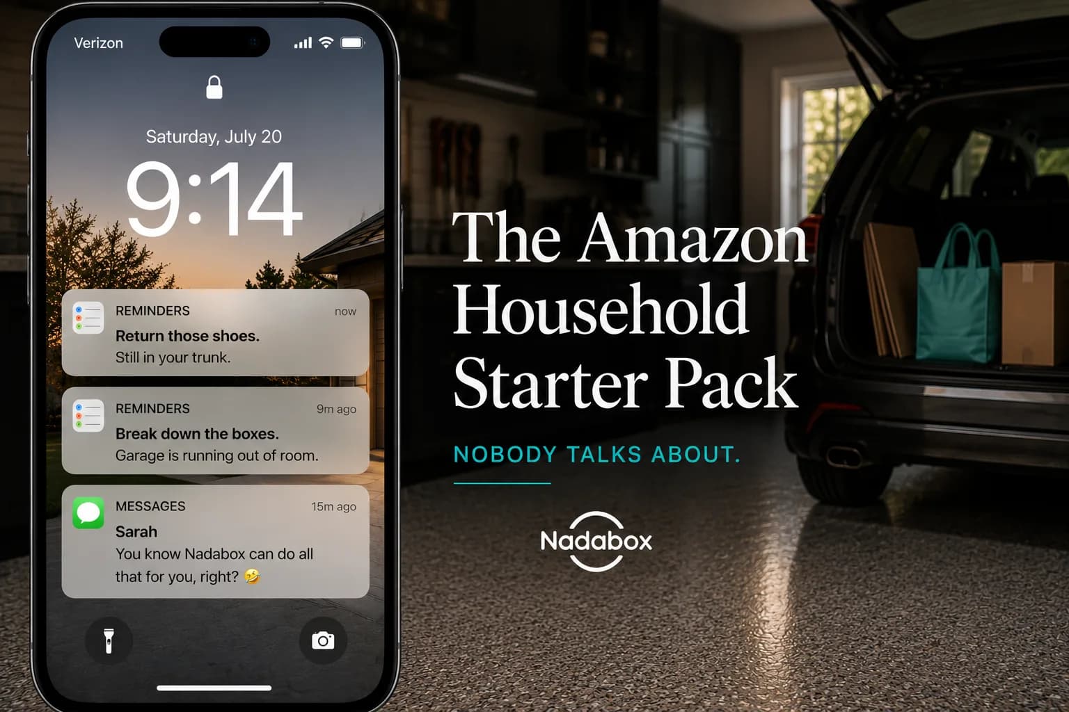 Phone lock screen with reminders to return shoes still in the trunk and break down boxes in the garage, beside a dark premium garage with an SUV -- the Amazon Household Starter Pack