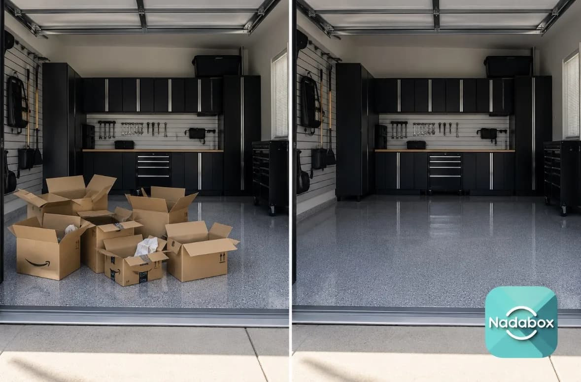 Before and after: a garage floor piled with open Amazon cardboard boxes, then clean after Nadabox pickup
