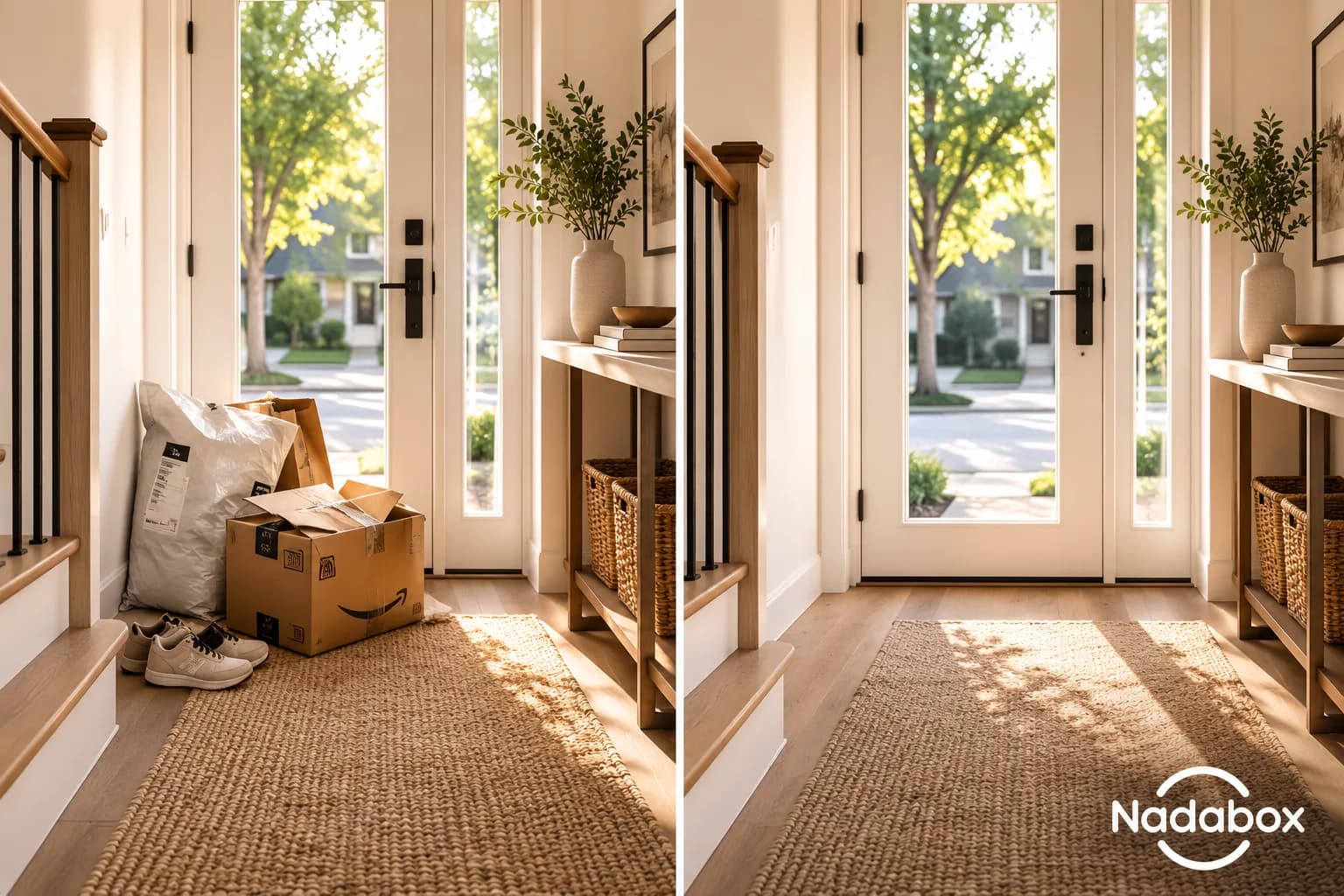 Side-by-side entryway: a pile of online returns and delivery boxes by the front door on the left, the same entryway clear and empty on the right